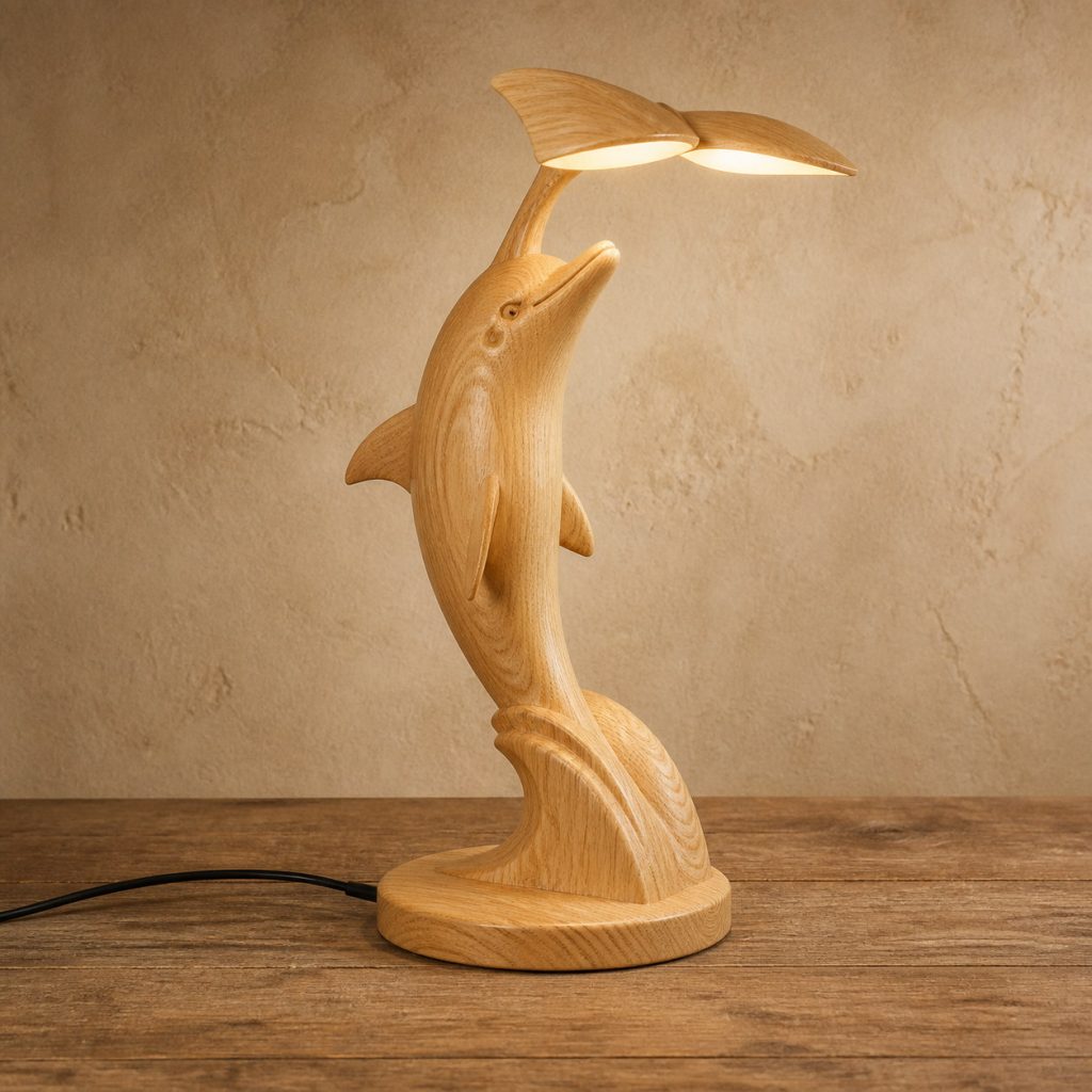 Dolphin-Tail Desk Lamp shown as an original square photorealistic light-yellow wood dolphin lamp made from natural light-yellow wood with fine grain and warm diffused light