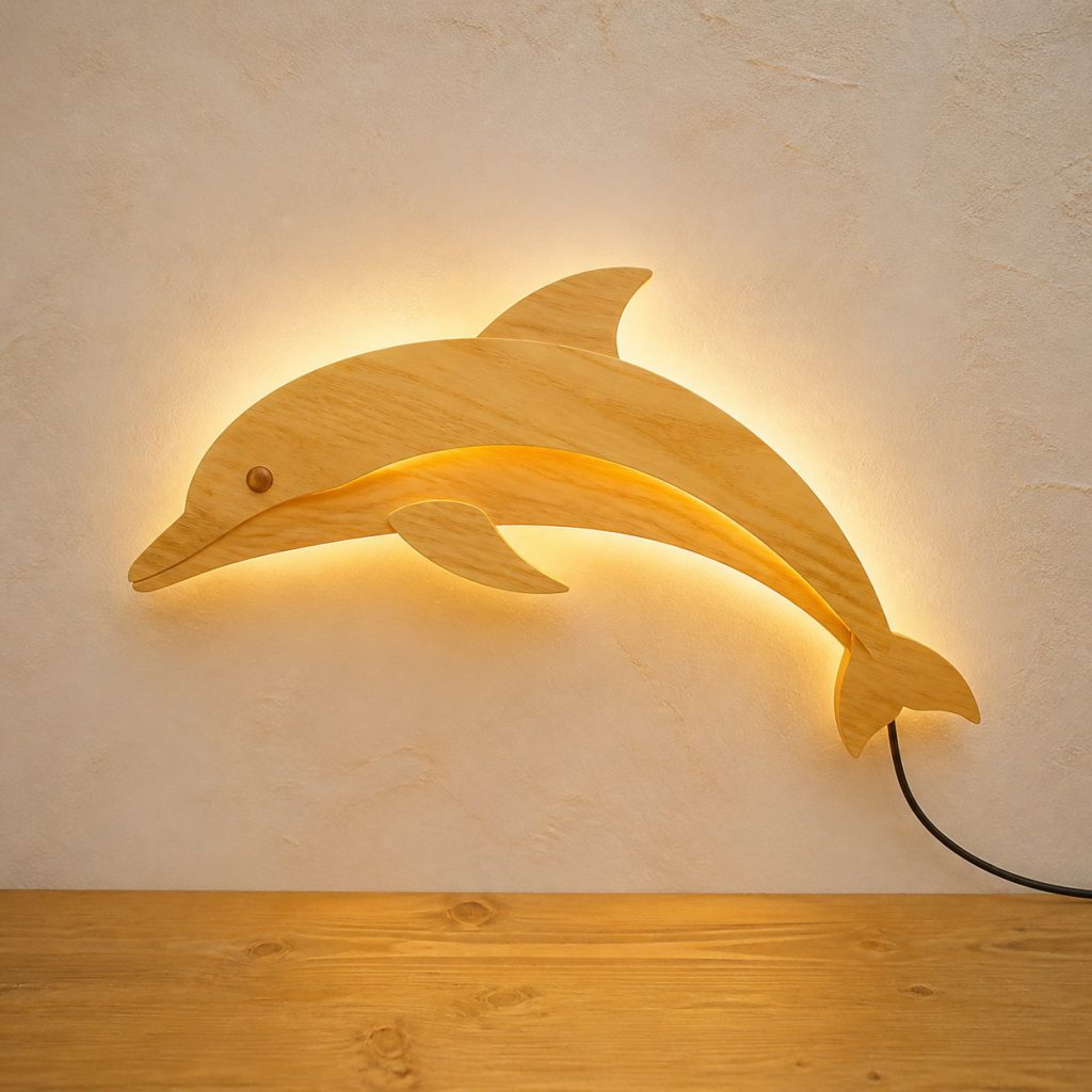 Swimming Dolphin Wall Sconce shown as an original square photorealistic light-yellow wood dolphin lamp made from natural light-yellow wood with fine grain and warm diffused light
