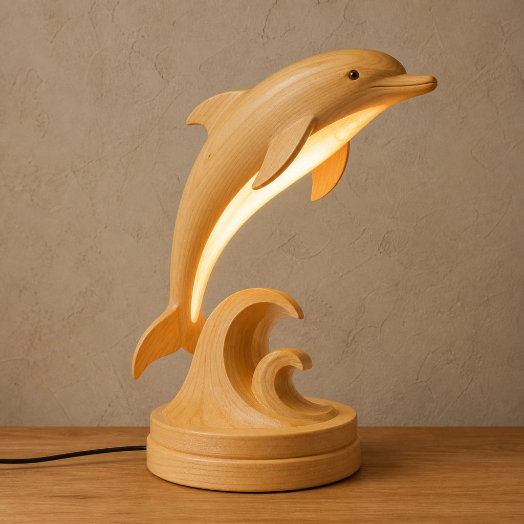 Breaching Dolphin Table Lamp shown as an original square photorealistic light-yellow wood dolphin lamp made from natural light-yellow wood with fine grain and warm diffused light