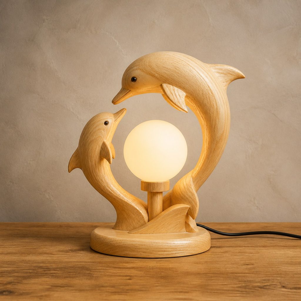 Two-Dolphin Orb Lamp shown as an original square photorealistic light-yellow wood dolphin lamp made from natural light-yellow wood with fine grain and warm diffused light