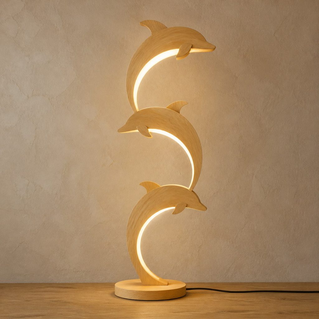 Stacked Dolphin Floor Lamp shown as an original square photorealistic light-yellow wood dolphin lamp made from natural light-yellow wood with fine grain and warm diffused light