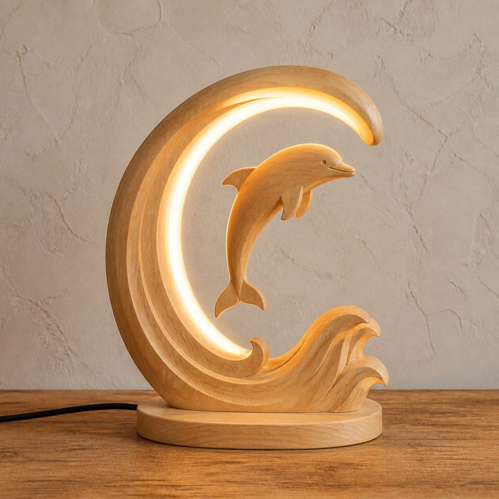 Dolphin-and-Wave Lamp shown as an original square photorealistic light-yellow wood dolphin lamp made from natural light-yellow wood with fine grain and warm diffused light