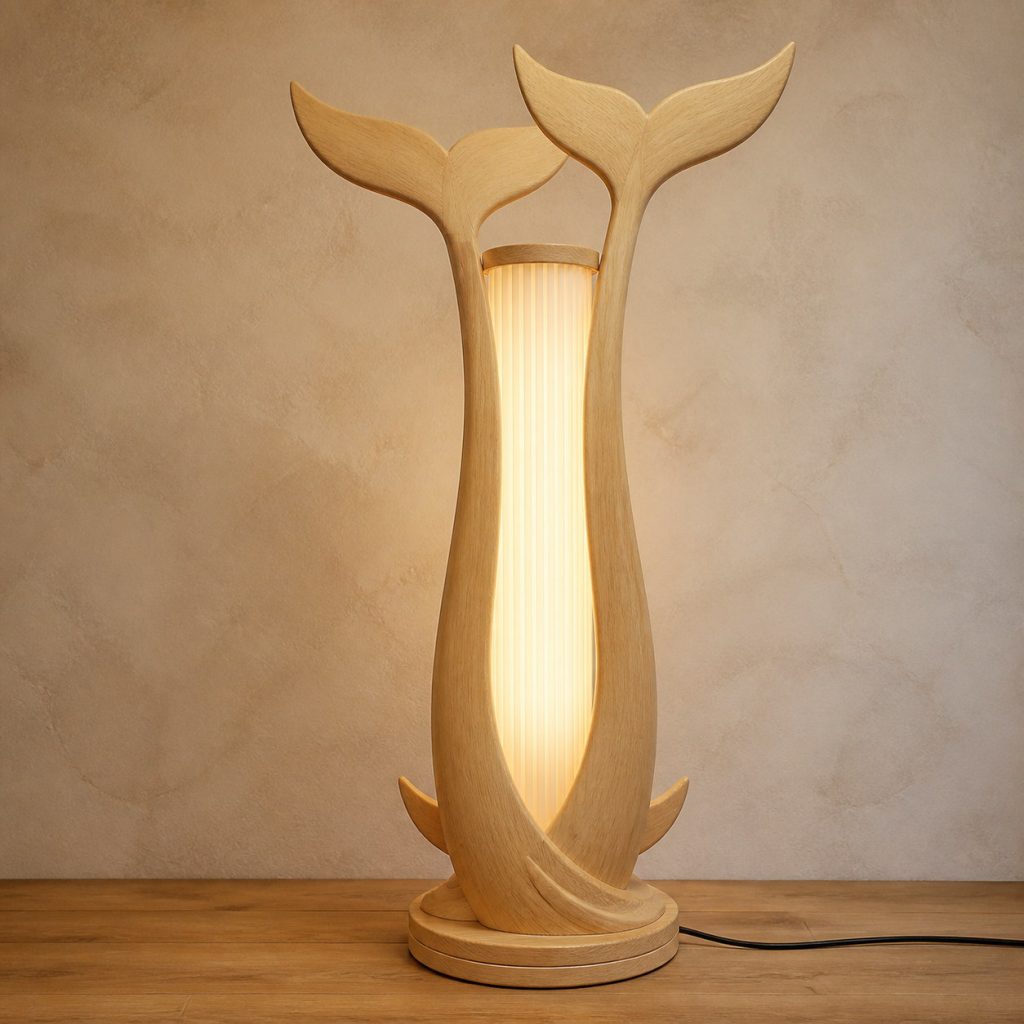 Twin-Fluke Dolphin Floor Lamp shown as an original square photorealistic light-yellow wood dolphin lamp made from natural light-yellow wood with fine grain and warm diffused light