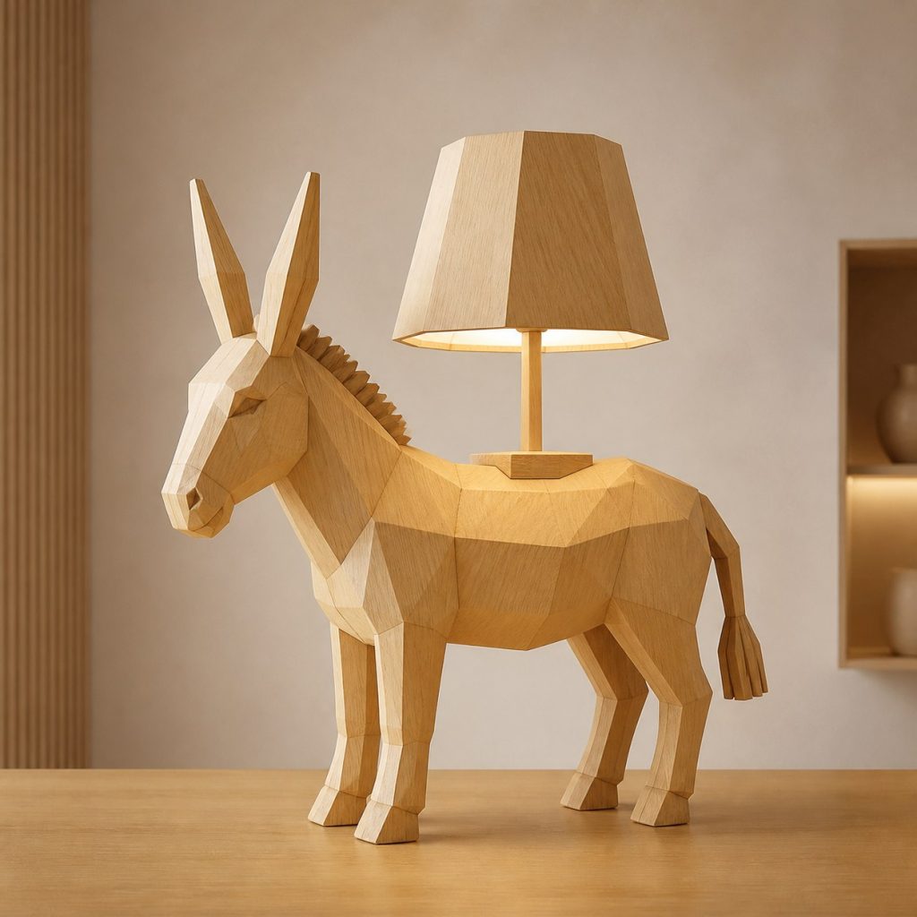 Faceted Donkey Lamp shown as an original square photorealistic donkey lamp made from natural light-yellow wood with fine grain and warm diffused light