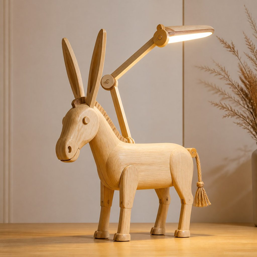 Donkey-Ear Desk Task Lamp shown as an original square photorealistic donkey lamp made from natural light-yellow wood with fine grain and warm diffused light