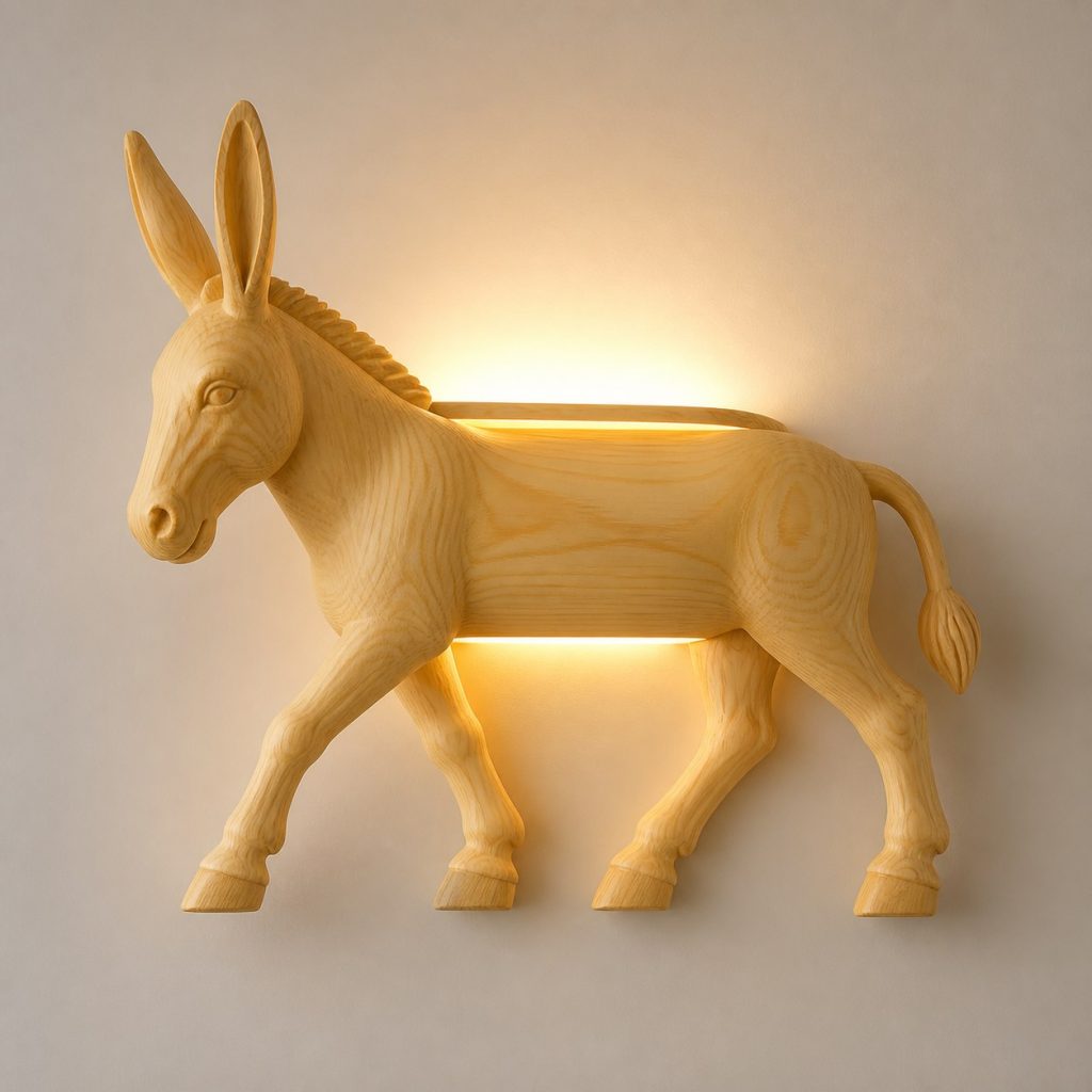 Walking Donkey Wall Sconce shown as an original square photorealistic donkey lamp made from natural light-yellow wood with fine grain and warm diffused light
