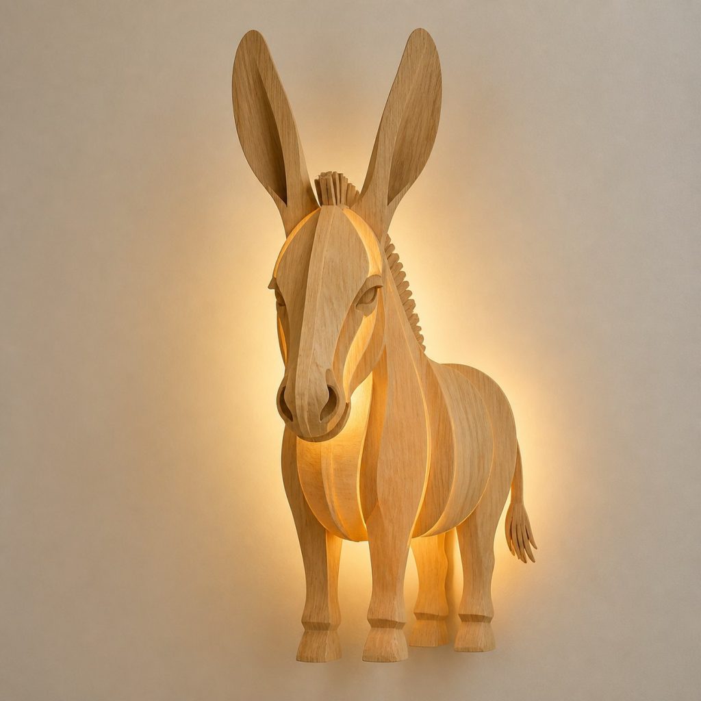 Layered Donkey Head Wall Lamp shown as an original square photorealistic donkey lamp made from natural light-yellow wood with fine grain and warm diffused light