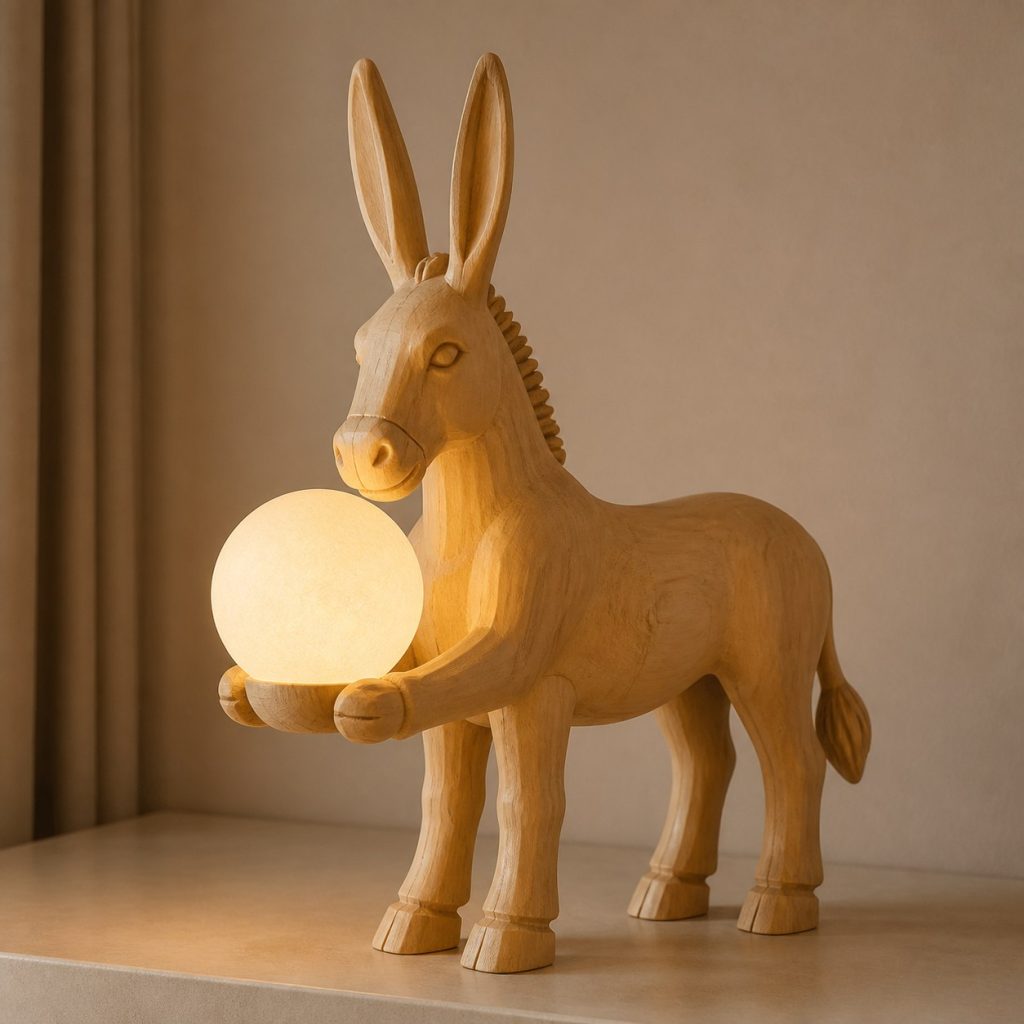 Donkey Orb Lamp shown as an original square photorealistic donkey lamp made from natural light-yellow wood with fine grain and warm diffused light