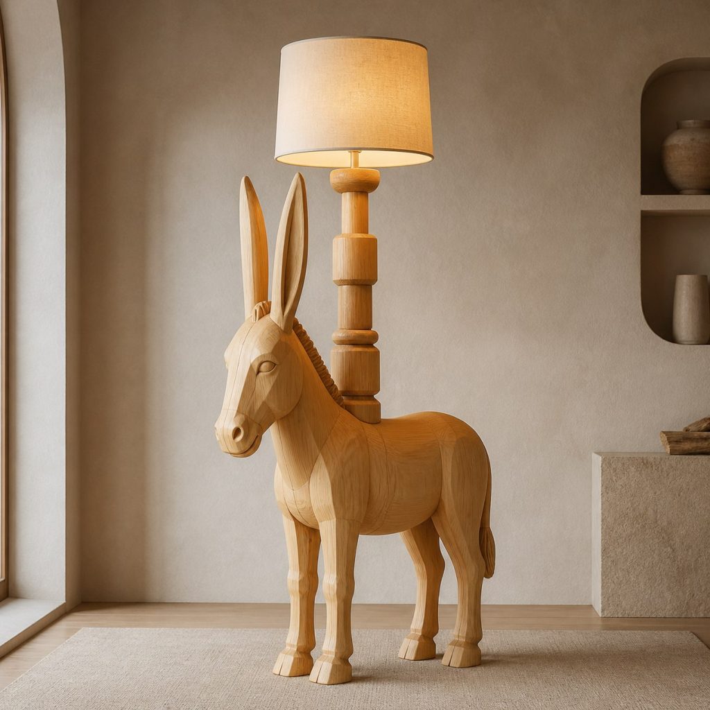Stacked Donkey Floor Lamp shown as an original square photorealistic donkey lamp made from natural light-yellow wood with fine grain and warm diffused light