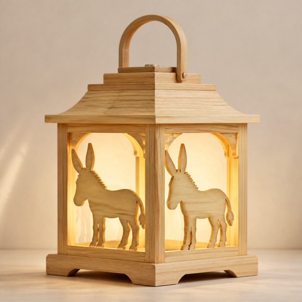 Stable Donkey Lantern shown as an original square photorealistic donkey lamp made from natural light-yellow wood with fine grain and warm diffused light