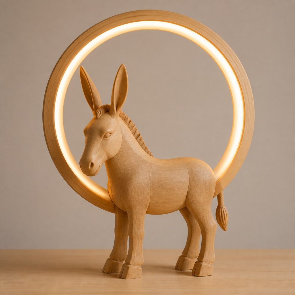 Donkey Circle-Ring Lamp shown as an original square photorealistic donkey lamp made from natural light-yellow wood with fine grain and warm diffused light