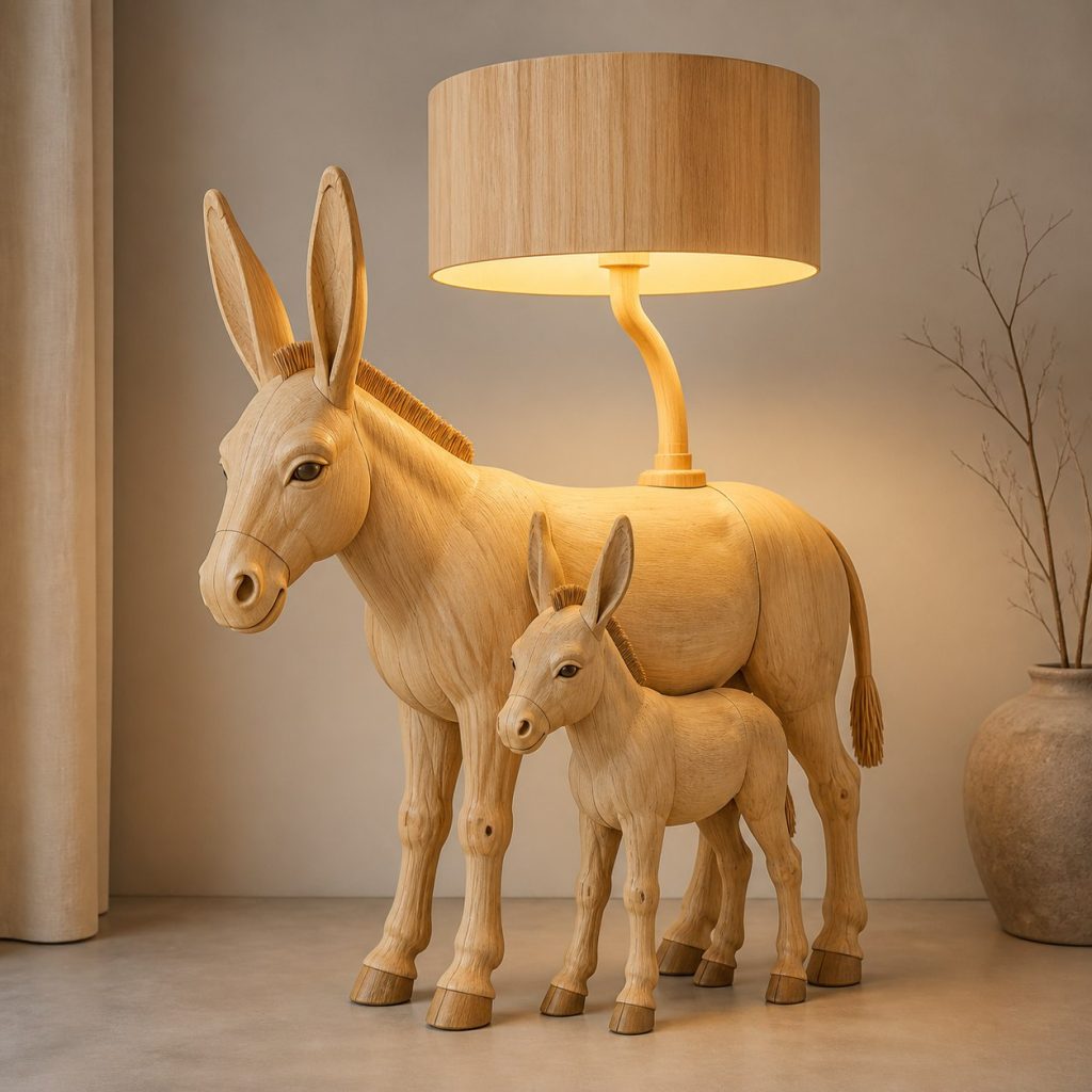 Paired Donkey Floor Lamp shown as an original square photorealistic donkey lamp made from natural light-yellow wood with fine grain and warm diffused light