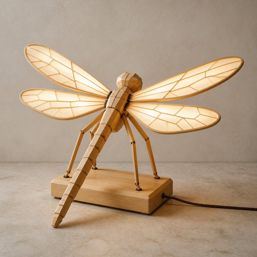 Faceted Dragonfly Lamp shown as an original square photorealistic dragonfly lamp made from natural light-yellow wood with fine grain and warm diffused light