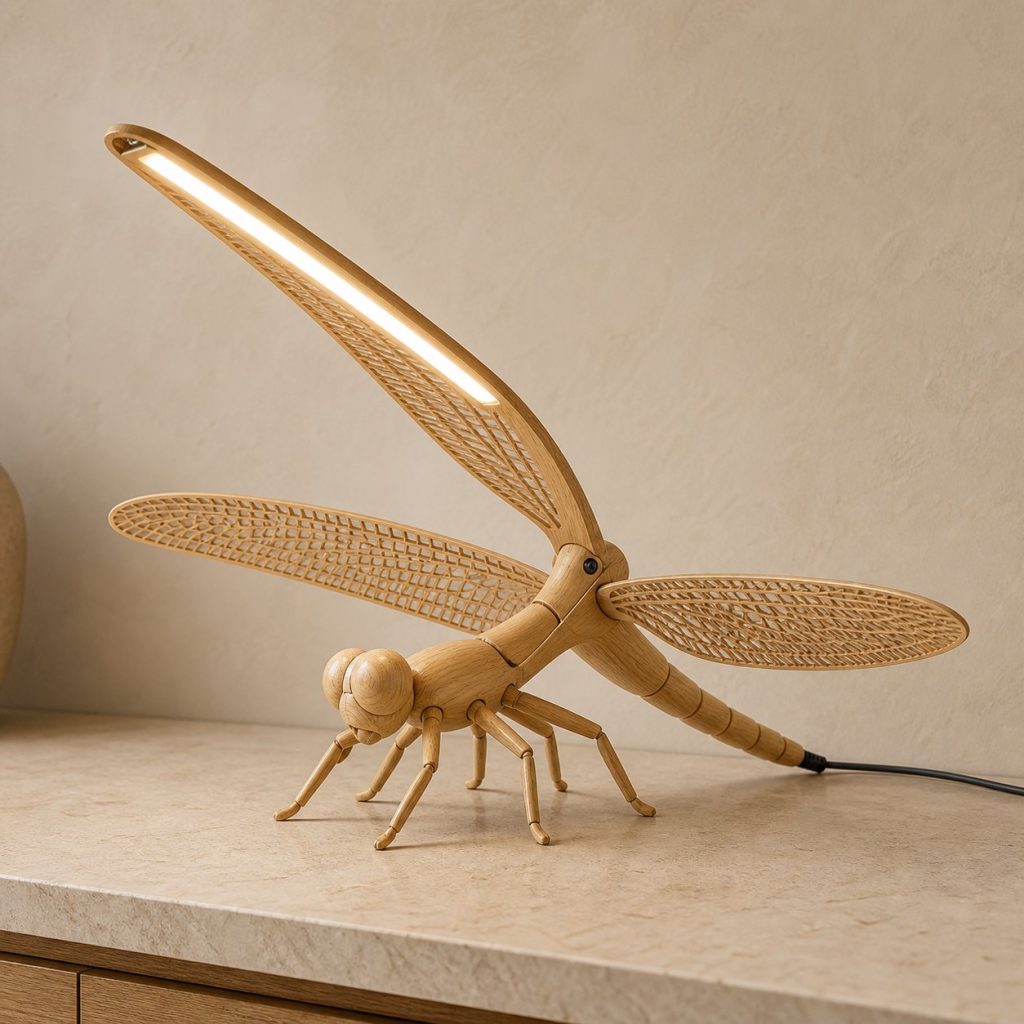 Dragonfly-Wing Desk Task Lamp shown as an original square photorealistic dragonfly lamp made from natural light-yellow wood with fine grain and warm diffused light