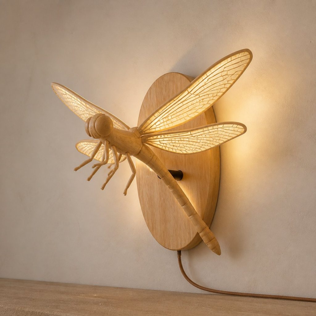 Hovering Dragonfly Wall Sconce shown as an original square photorealistic dragonfly lamp made from natural light-yellow wood with fine grain and warm diffused light