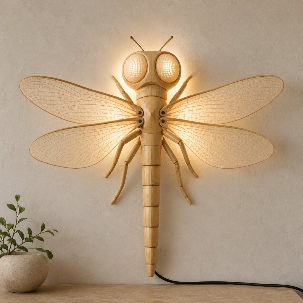 Layered Dragonfly Wall Lamp shown as an original square photorealistic dragonfly lamp made from natural light-yellow wood with fine grain and warm diffused light