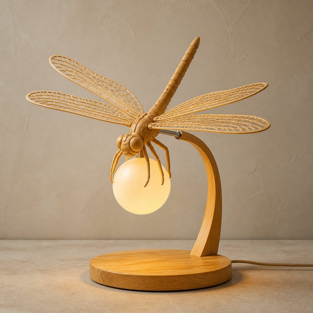 Dragonfly Orb Lamp shown as an original square photorealistic dragonfly lamp made from natural light-yellow wood with fine grain and warm diffused light