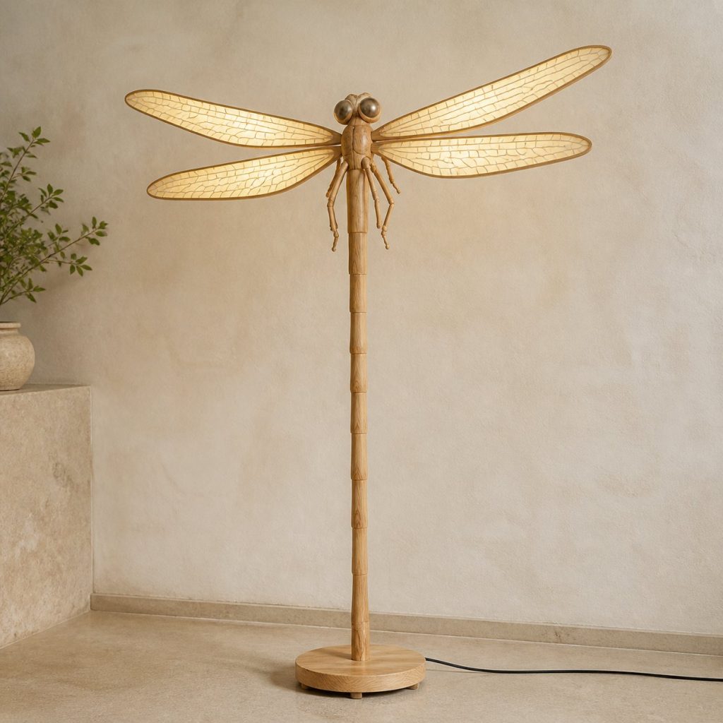 Tall Dragonfly Floor Lamp shown as an original square photorealistic dragonfly lamp made from natural light-yellow wood with fine grain and warm diffused light
