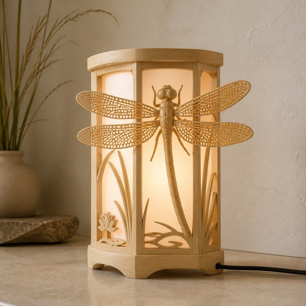 Pond Dragonfly Lantern shown as an original square photorealistic dragonfly lamp made from natural light-yellow wood with fine grain and warm diffused light