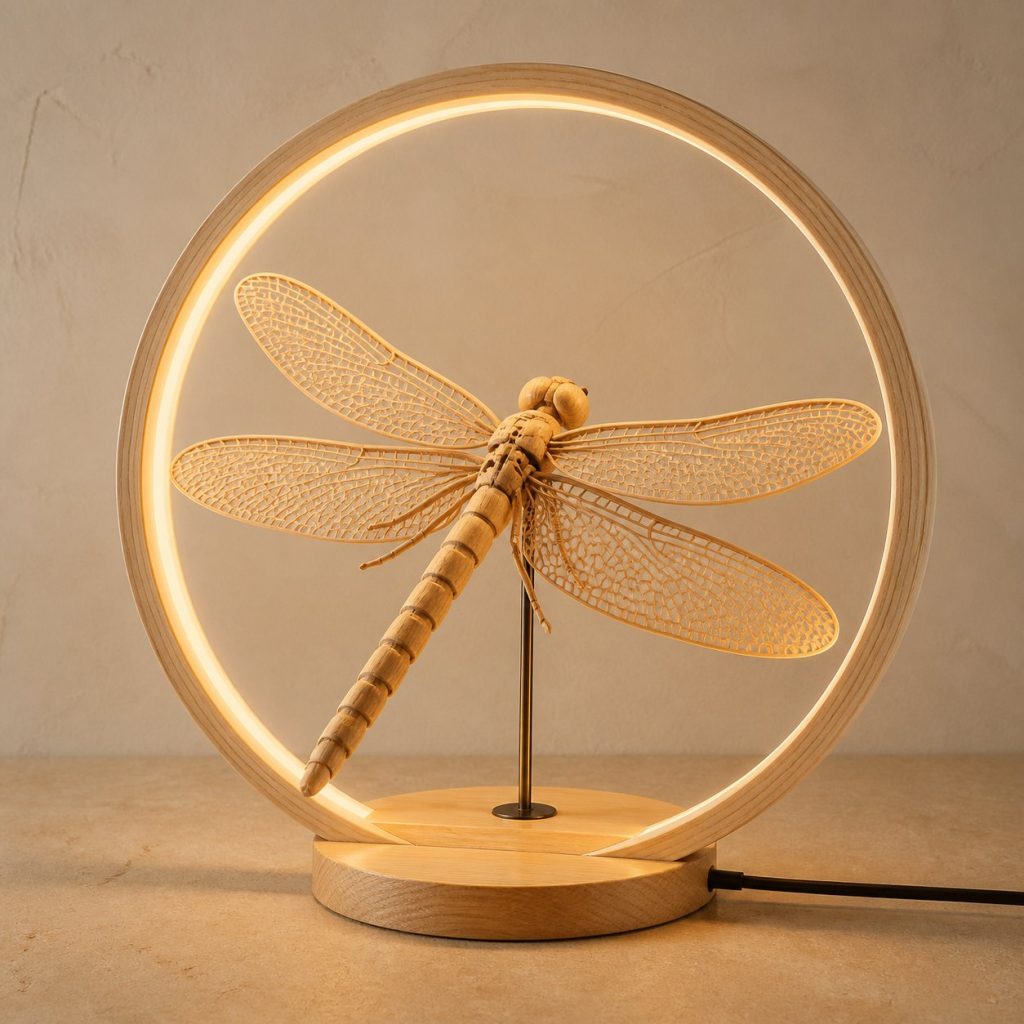 Dragonfly Water-Ring Lamp shown as an original square photorealistic dragonfly lamp made from natural light-yellow wood with fine grain and warm diffused light