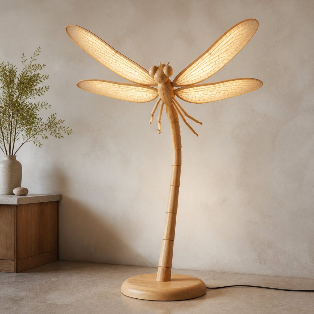 Paired-Wing Dragonfly Floor Lamp shown as an original square photorealistic dragonfly lamp made from natural light-yellow wood with fine grain and warm diffused light