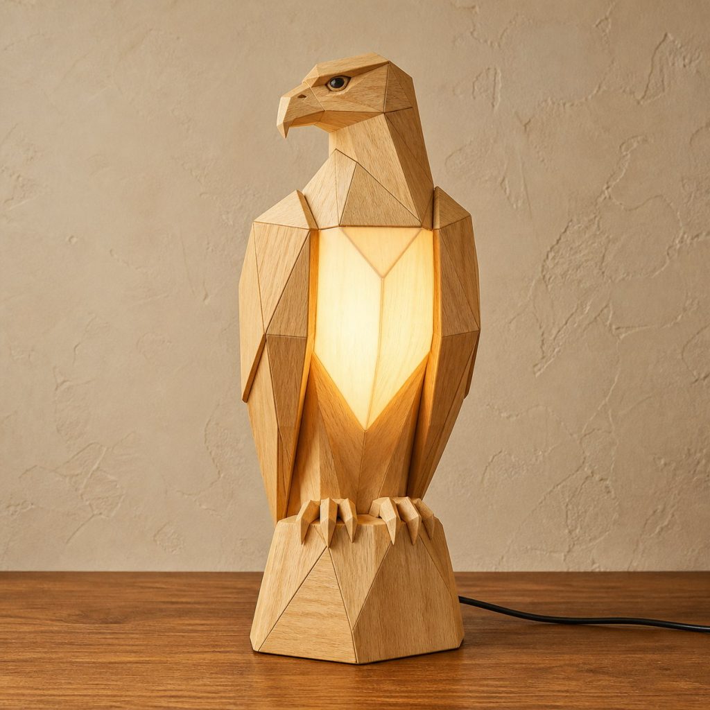 Faceted Light-Yellow Eagle Lamp shown as an original square photorealistic light-yellow wood eagle lamp made from natural light-yellow wood with fine grain and warm diffused light