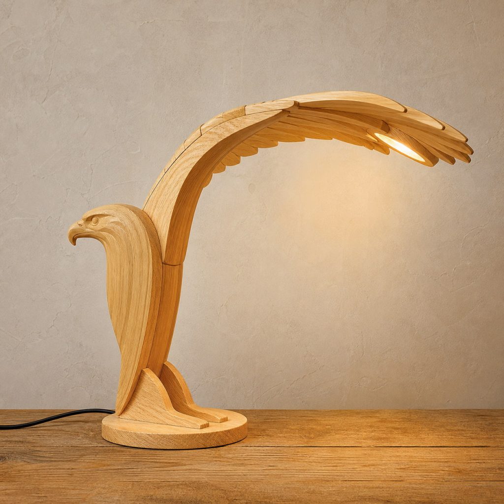 Eagle-Wing Desk Lamp shown as an original square photorealistic light-yellow wood eagle lamp made from natural light-yellow wood with fine grain and warm diffused light