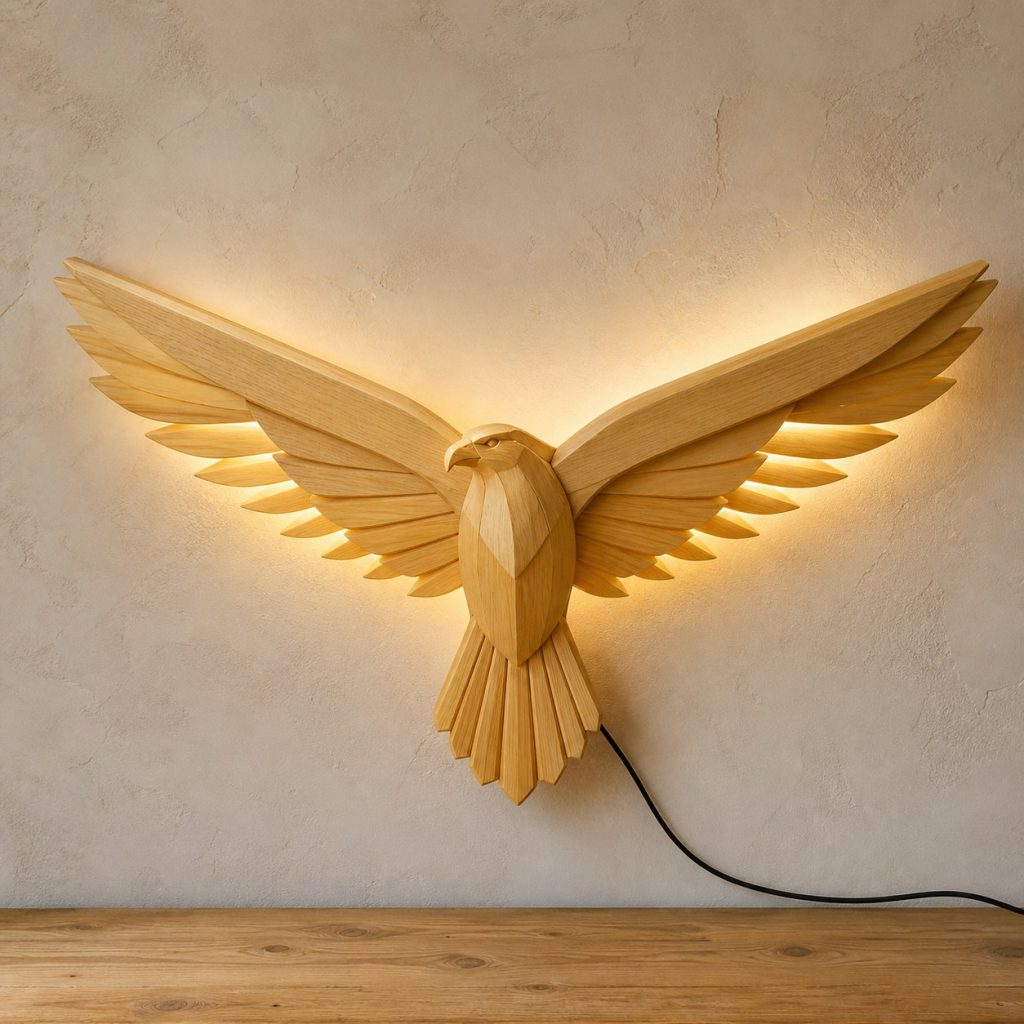Flying Eagle Wall Sconce shown as an original square photorealistic light-yellow wood eagle lamp made from natural light-yellow wood with fine grain and warm diffused light