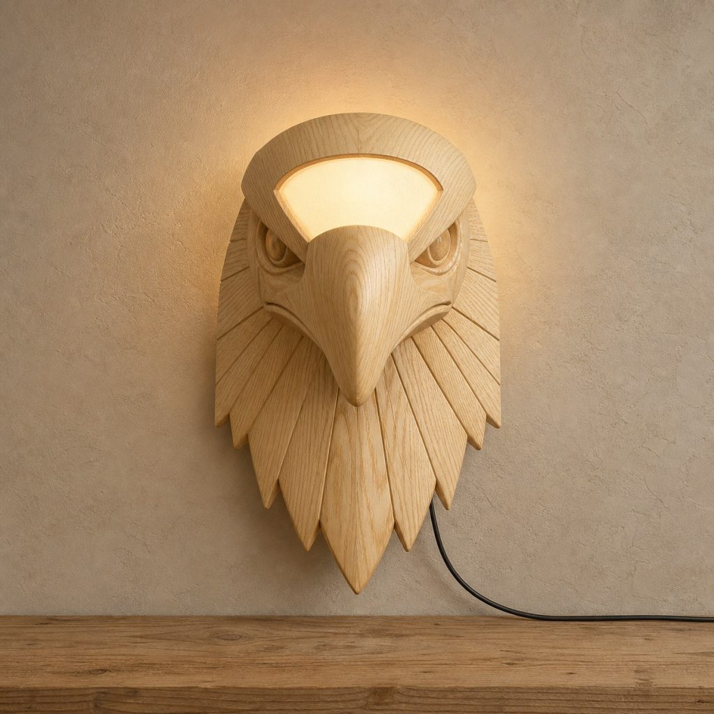 Eagle Head Wall Lamp shown as an original square photorealistic light-yellow wood eagle lamp made from natural light-yellow wood with fine grain and warm diffused light