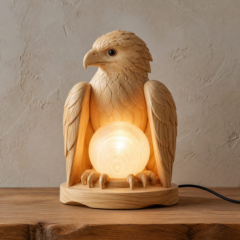 Young Eagle Orb Lamp shown as an original square photorealistic light-yellow wood eagle lamp made from natural light-yellow wood with fine grain and warm diffused light