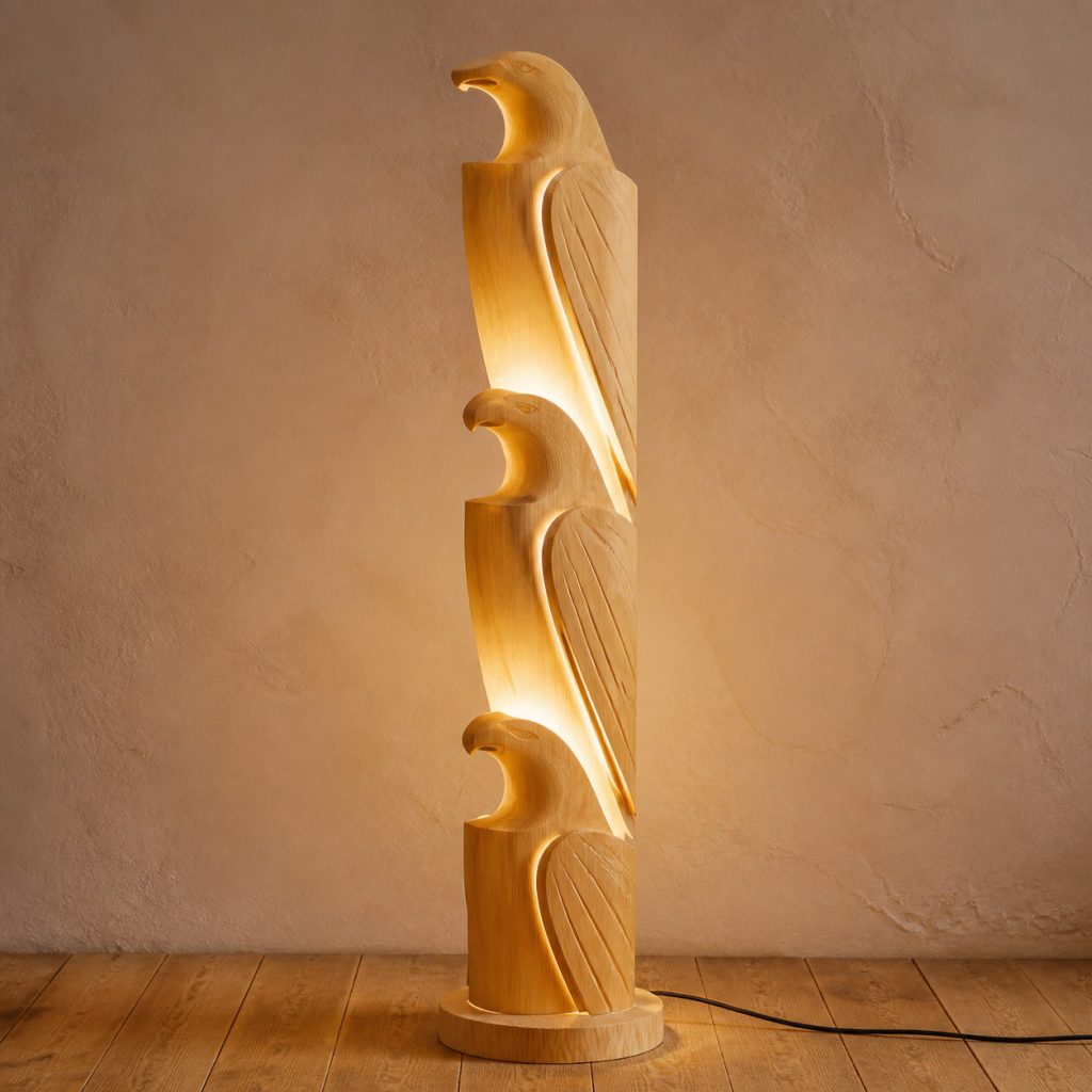 Stacked Eagle Floor Lamp shown as an original square photorealistic light-yellow wood eagle lamp made from natural light-yellow wood with fine grain and warm diffused light