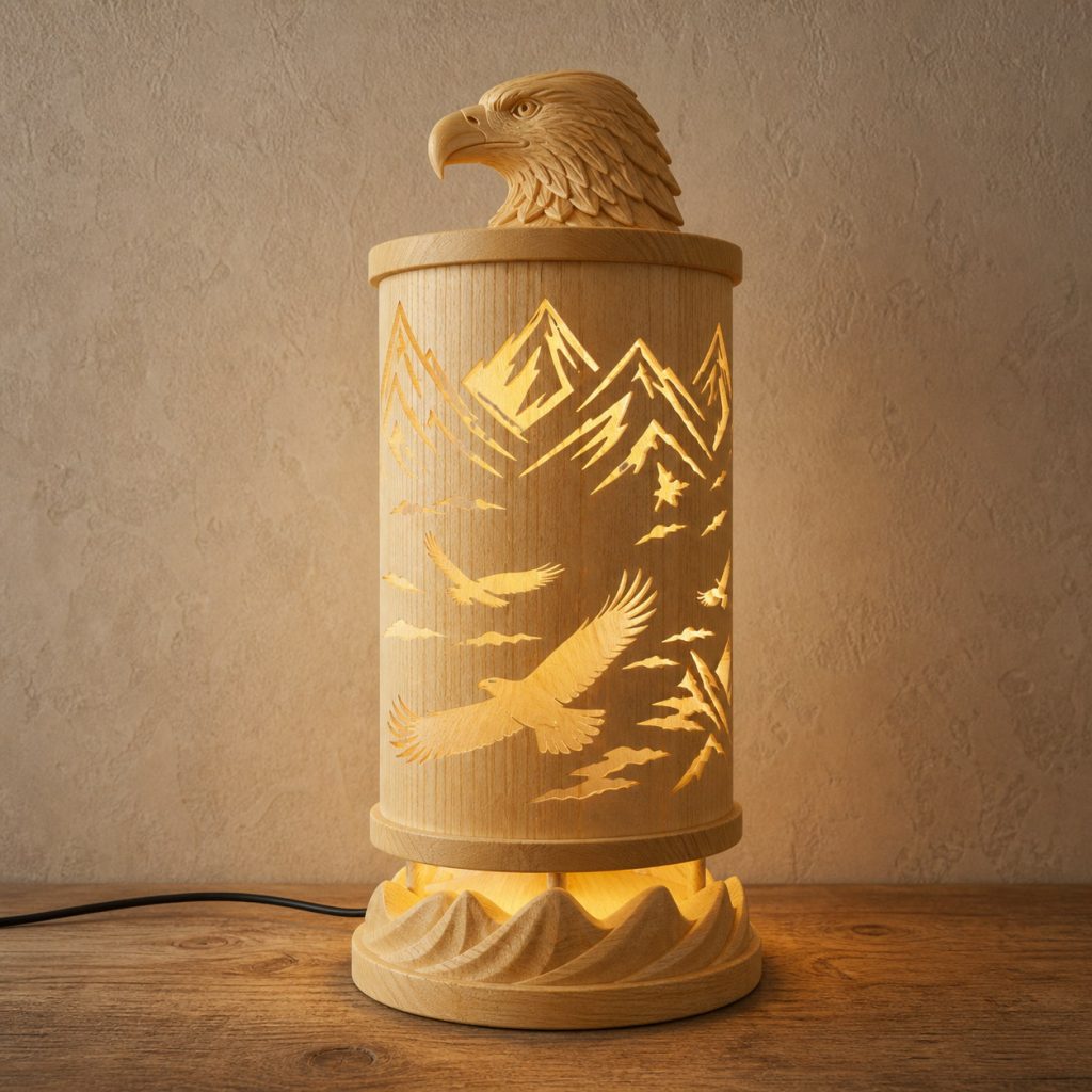 Mountain Eagle Lantern shown as an original square photorealistic light-yellow wood eagle lamp made from natural light-yellow wood with fine grain and warm diffused light