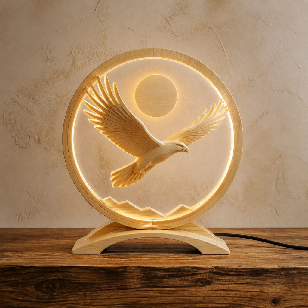 Eagle-and-Sun Ring Lamp shown as an original square photorealistic light-yellow wood eagle lamp made from natural light-yellow wood with fine grain and warm diffused light