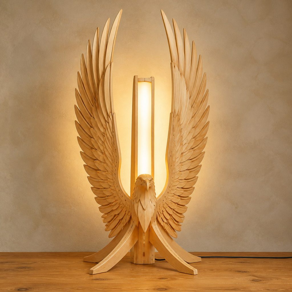 Twin-Wing Eagle Floor Lamp shown as an original square photorealistic light-yellow wood eagle lamp made from natural light-yellow wood with fine grain and warm diffused light