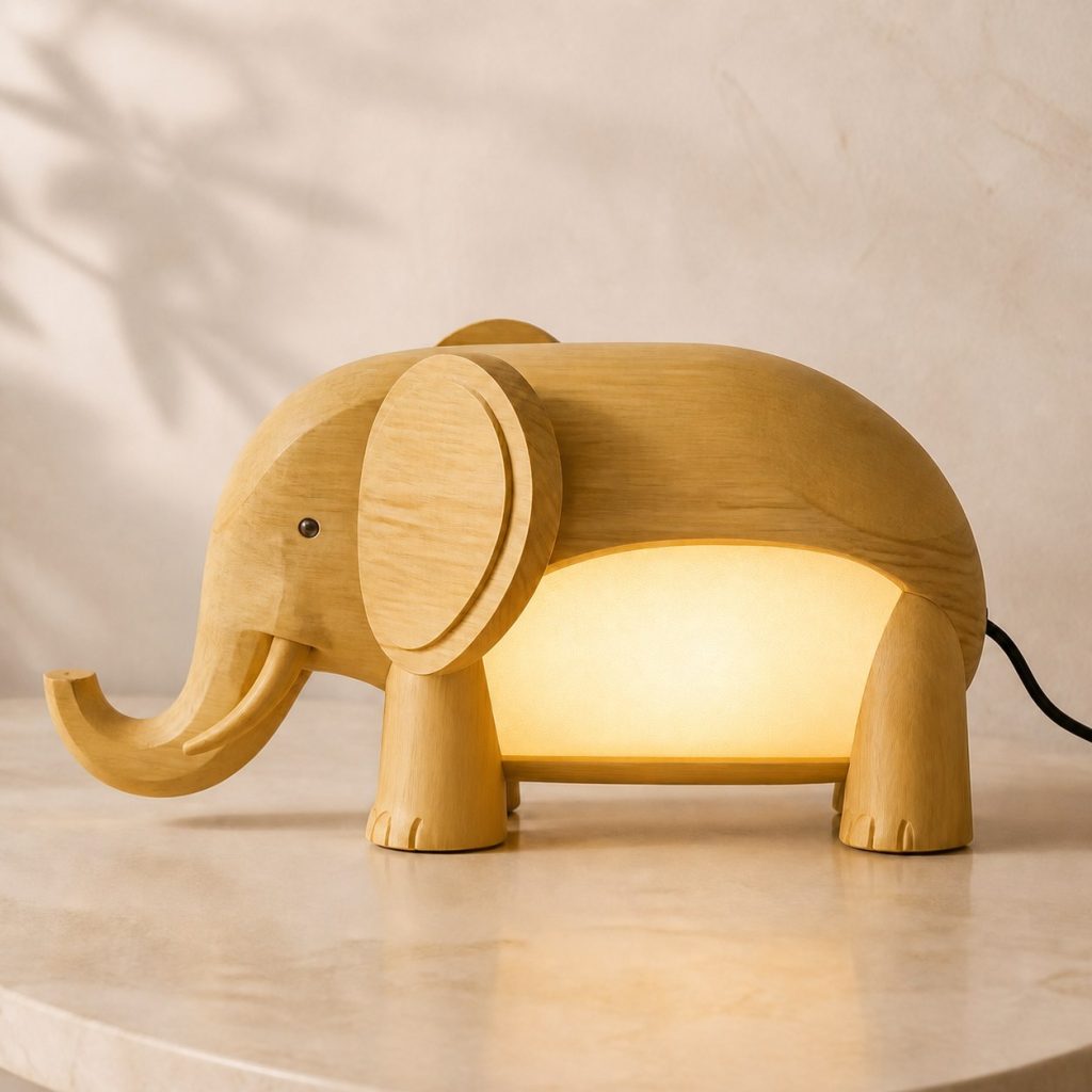 Elephant Profile Lamp shown as an original square photorealistic elephant lamp made from natural light-yellow wood with fine grain and warm diffused light