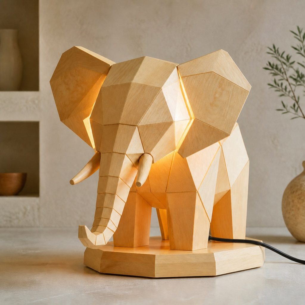 Faceted Elephant Lamp shown as an original square photorealistic elephant lamp made from natural light-yellow wood with fine grain and warm diffused light