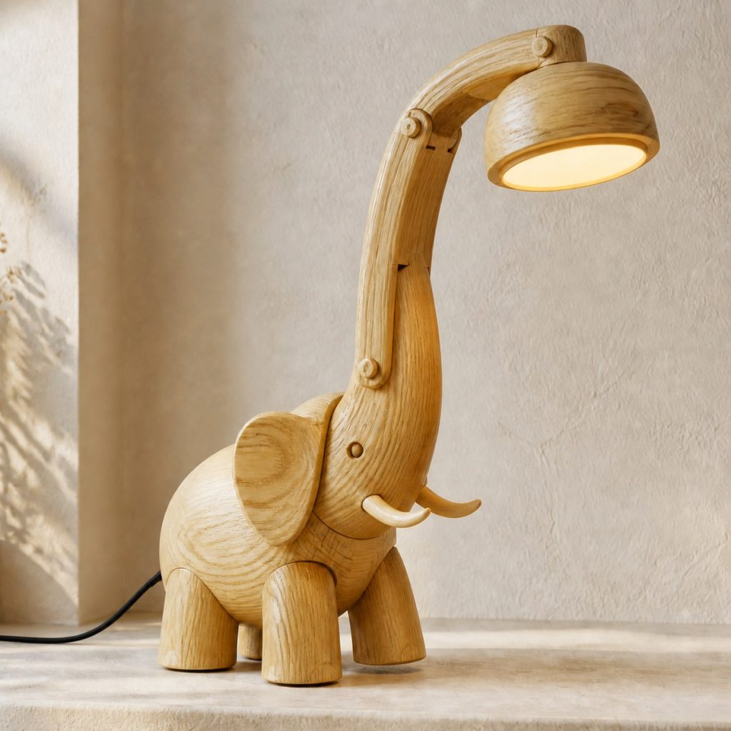 Elephant-Trunk Desk Task Lamp shown as an original square photorealistic elephant lamp made from natural light-yellow wood with fine grain and warm diffused light