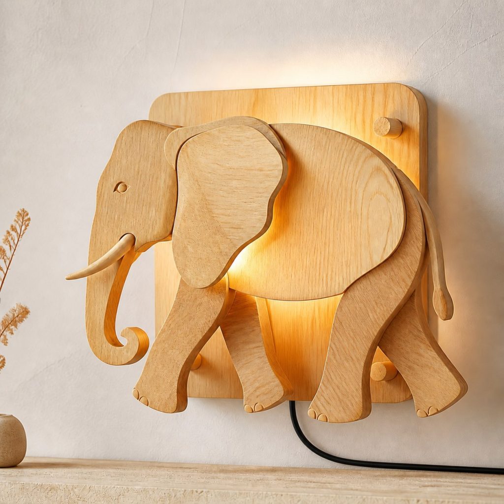 Walking Elephant Wall Sconce shown as an original square photorealistic elephant lamp made from natural light-yellow wood with fine grain and warm diffused light