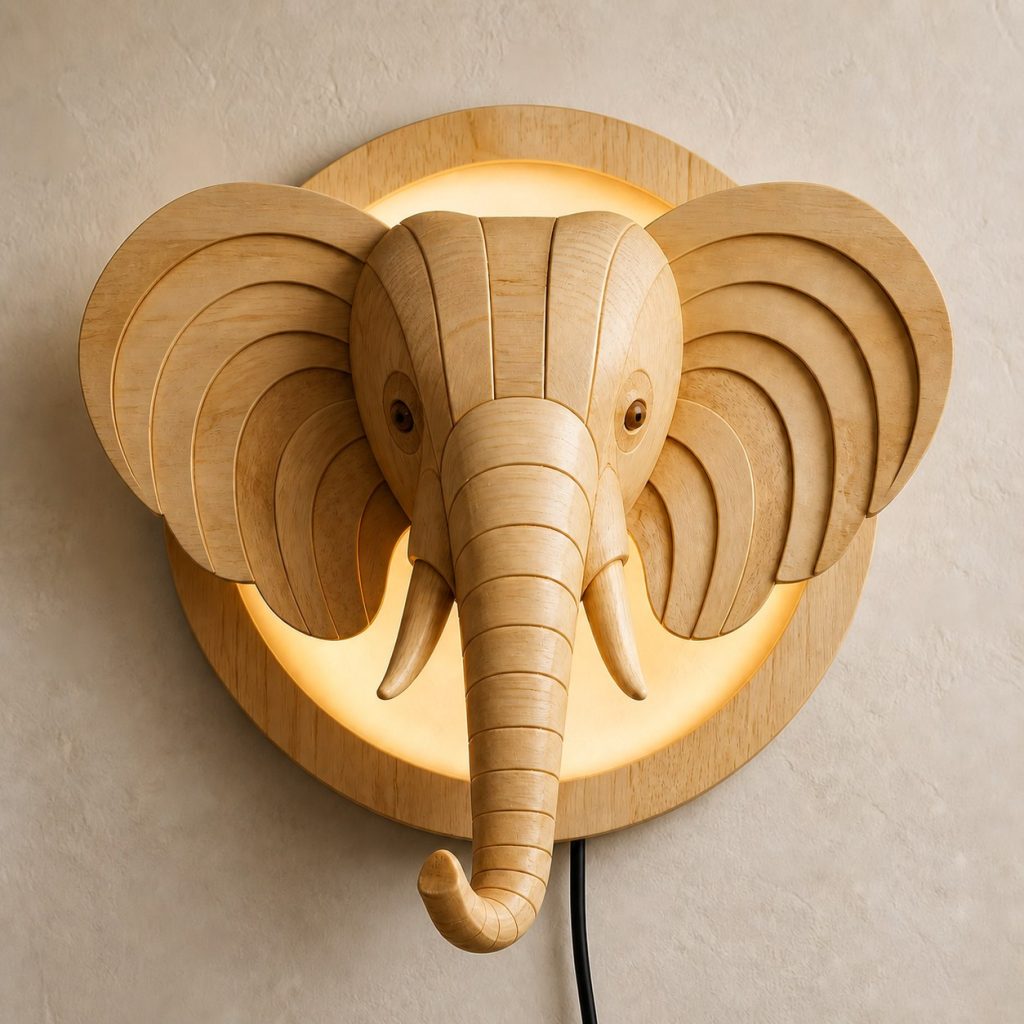 Layered Elephant Face Wall Lamp shown as an original square photorealistic elephant lamp made from natural light-yellow wood with fine grain and warm diffused light
