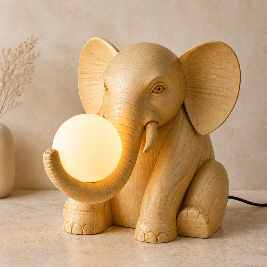 Elephant Orb Lamp shown as an original square photorealistic elephant lamp made from natural light-yellow wood with fine grain and warm diffused light