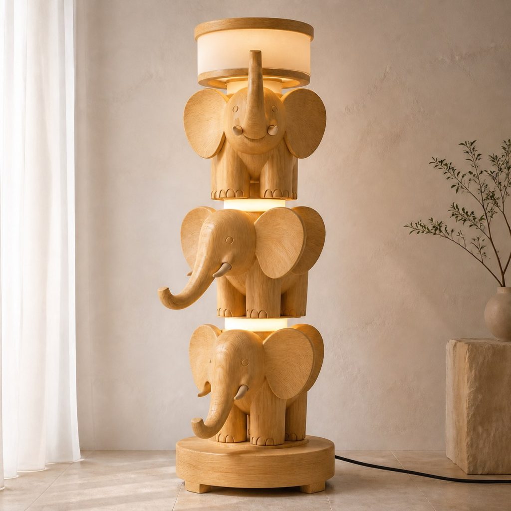 Stacked Elephant Floor Lamp shown as an original square photorealistic elephant lamp made from natural light-yellow wood with fine grain and warm diffused light