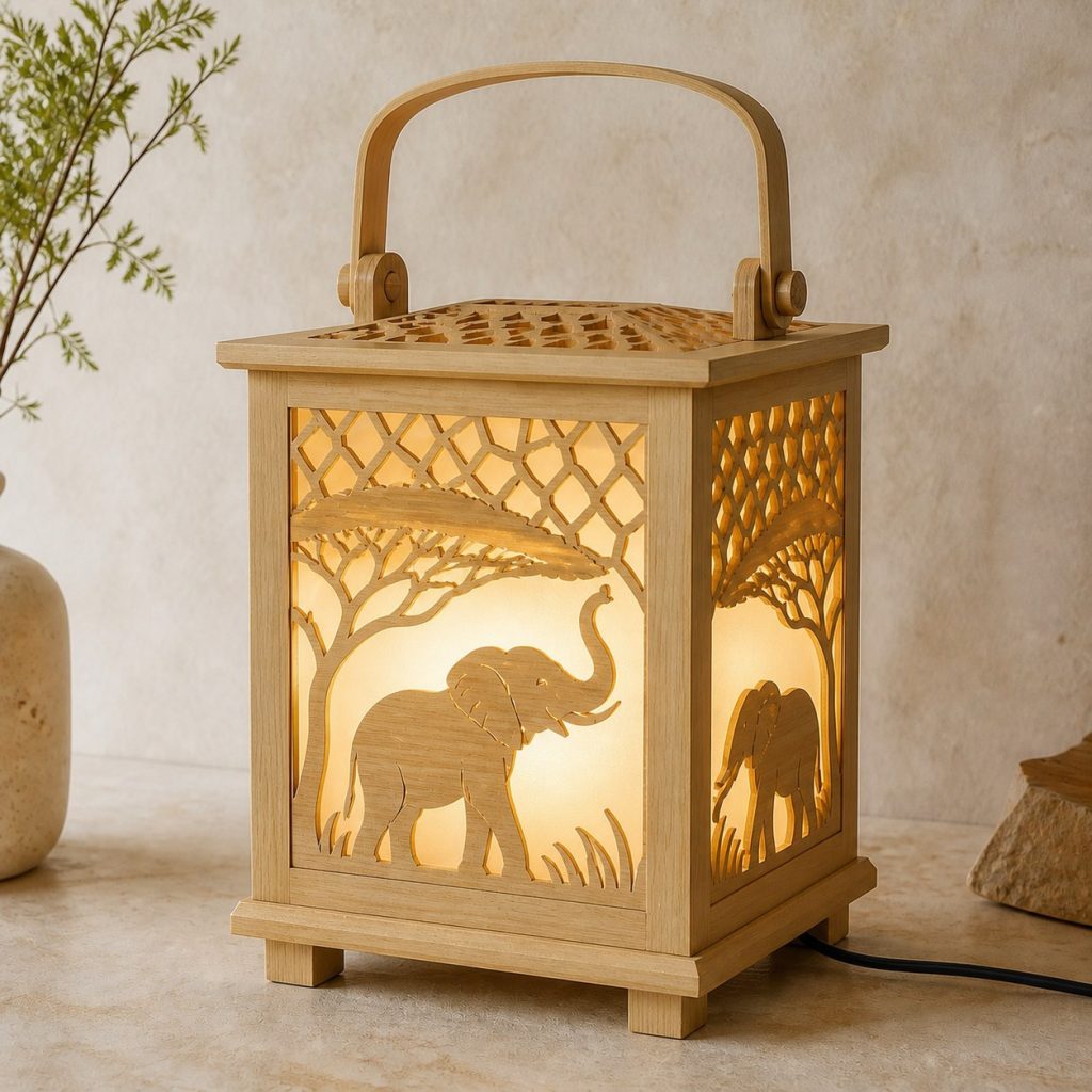 Savanna Elephant Lantern shown as an original square photorealistic elephant lamp made from natural light-yellow wood with fine grain and warm diffused light