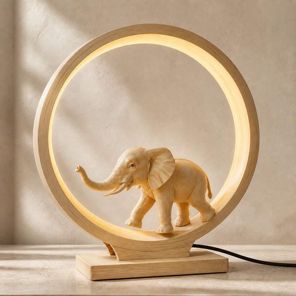 Elephant Sun-Ring Lamp shown as an original square photorealistic elephant lamp made from natural light-yellow wood with fine grain and warm diffused light