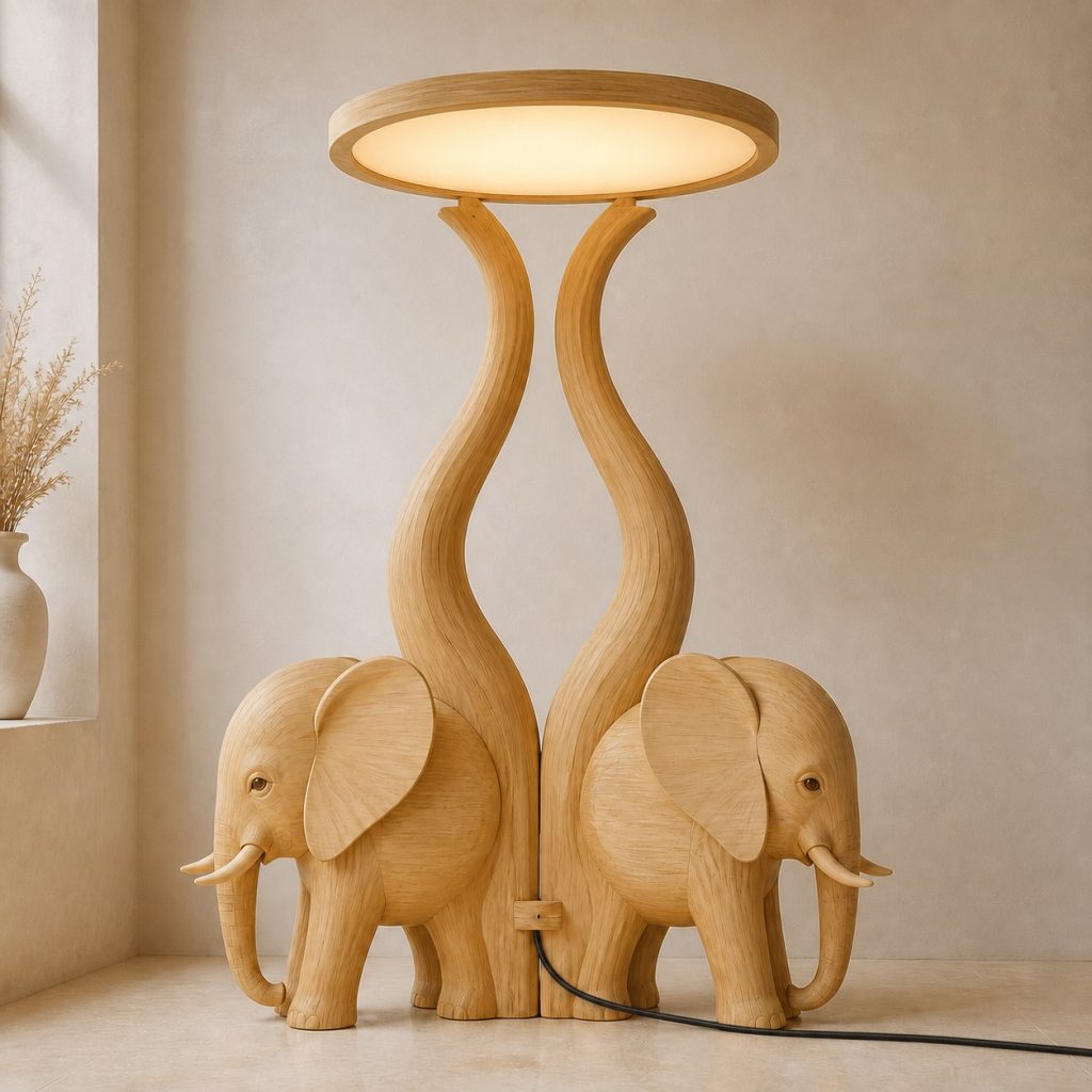 Paired-Trunk Elephant Floor Lamp shown as an original square photorealistic elephant lamp made from natural light-yellow wood with fine grain and warm diffused light