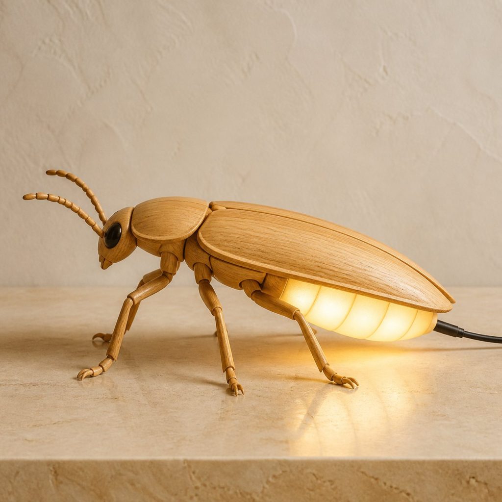 Firefly Profile Lamp shown as an original square photorealistic firefly lamp made from natural light-yellow wood with fine grain and warm diffused light
