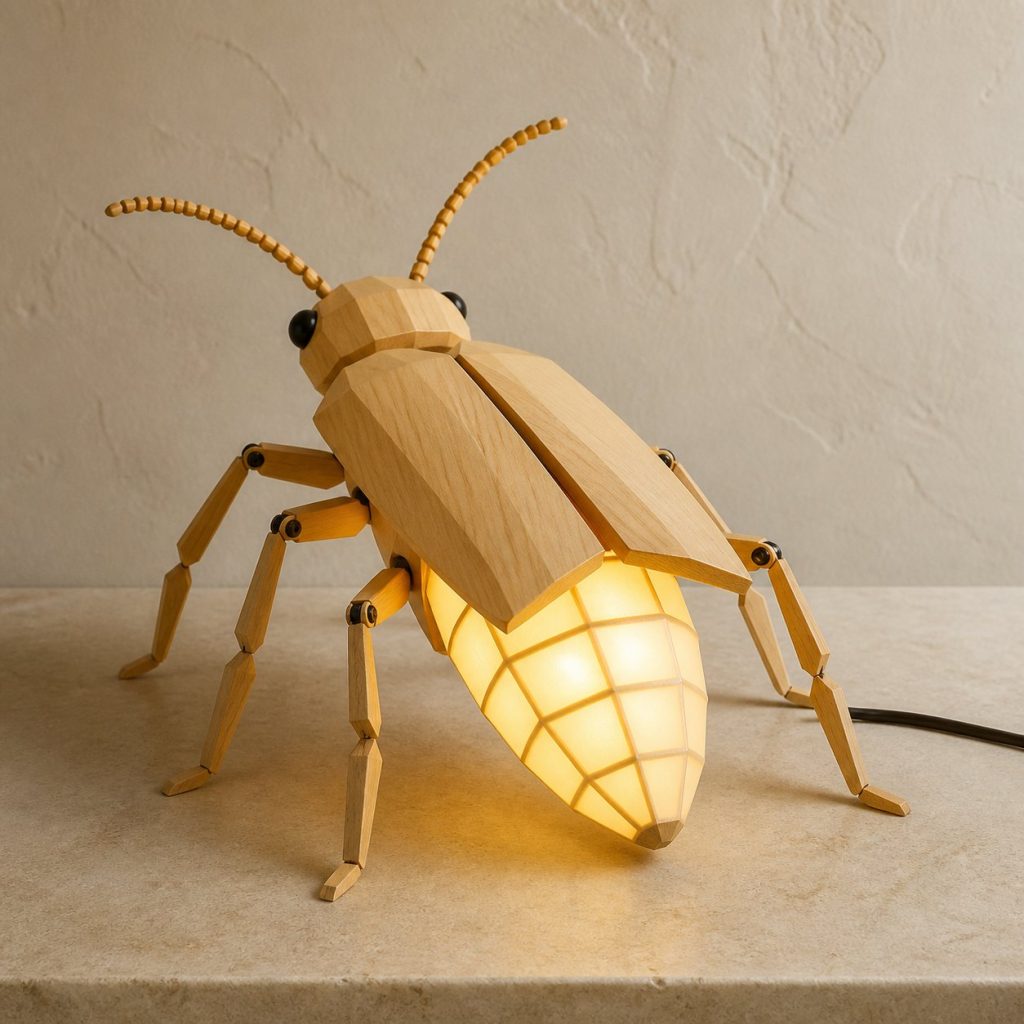Faceted Firefly Lamp shown as an original square photorealistic firefly lamp made from natural light-yellow wood with fine grain and warm diffused light