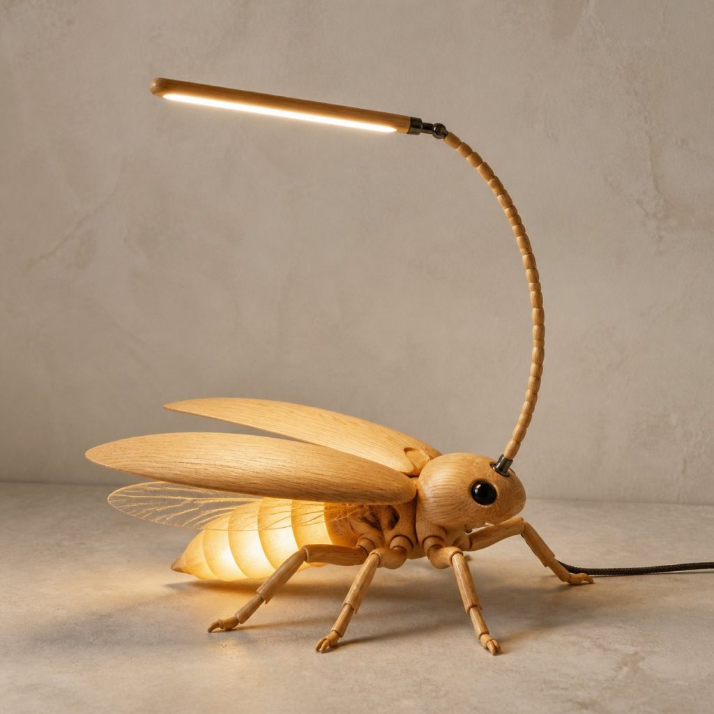 Firefly-Antenna Desk Task Lamp shown as an original square photorealistic firefly lamp made from natural light-yellow wood with fine grain and warm diffused light