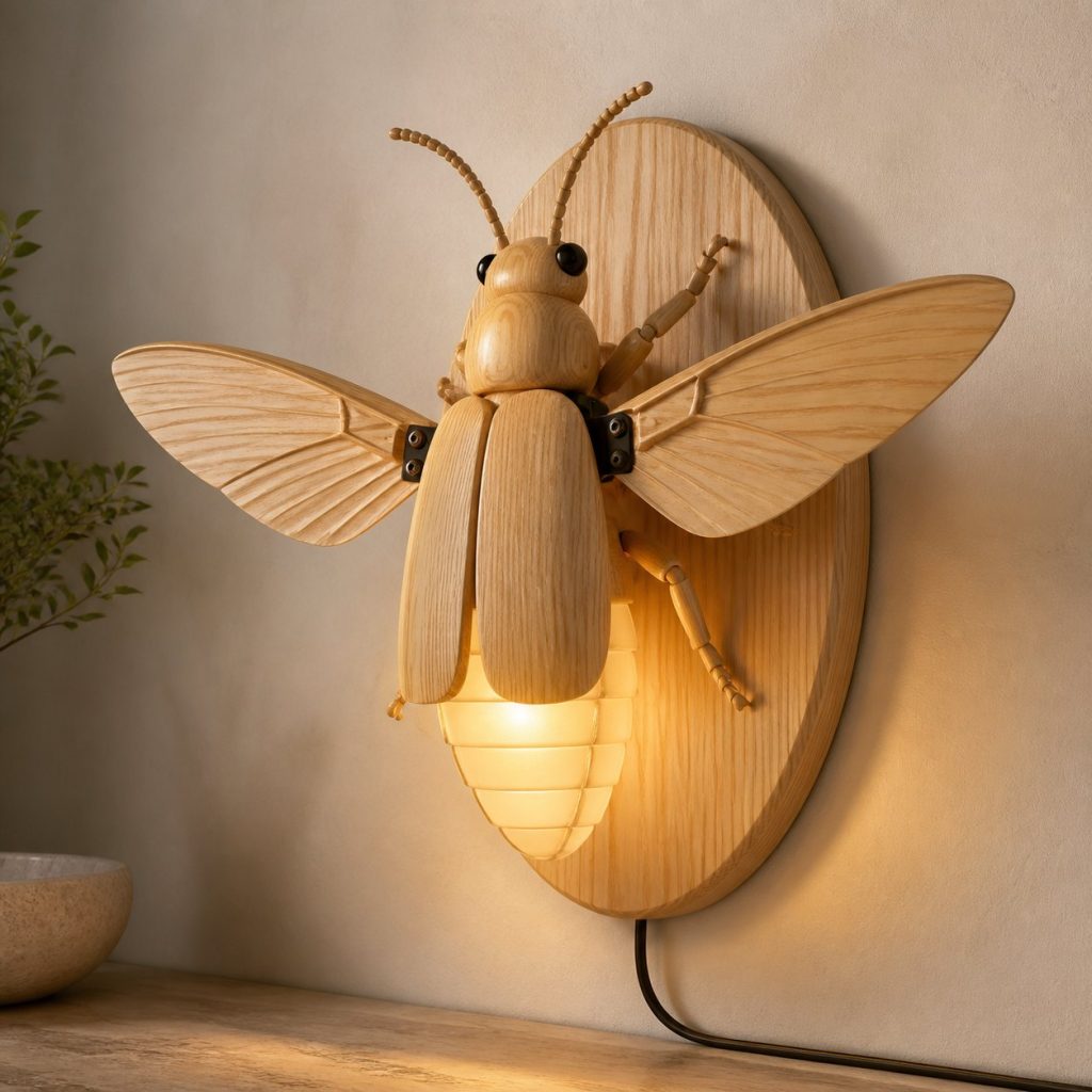 Flying Firefly Wall Sconce shown as an original square photorealistic firefly lamp made from natural light-yellow wood with fine grain and warm diffused light