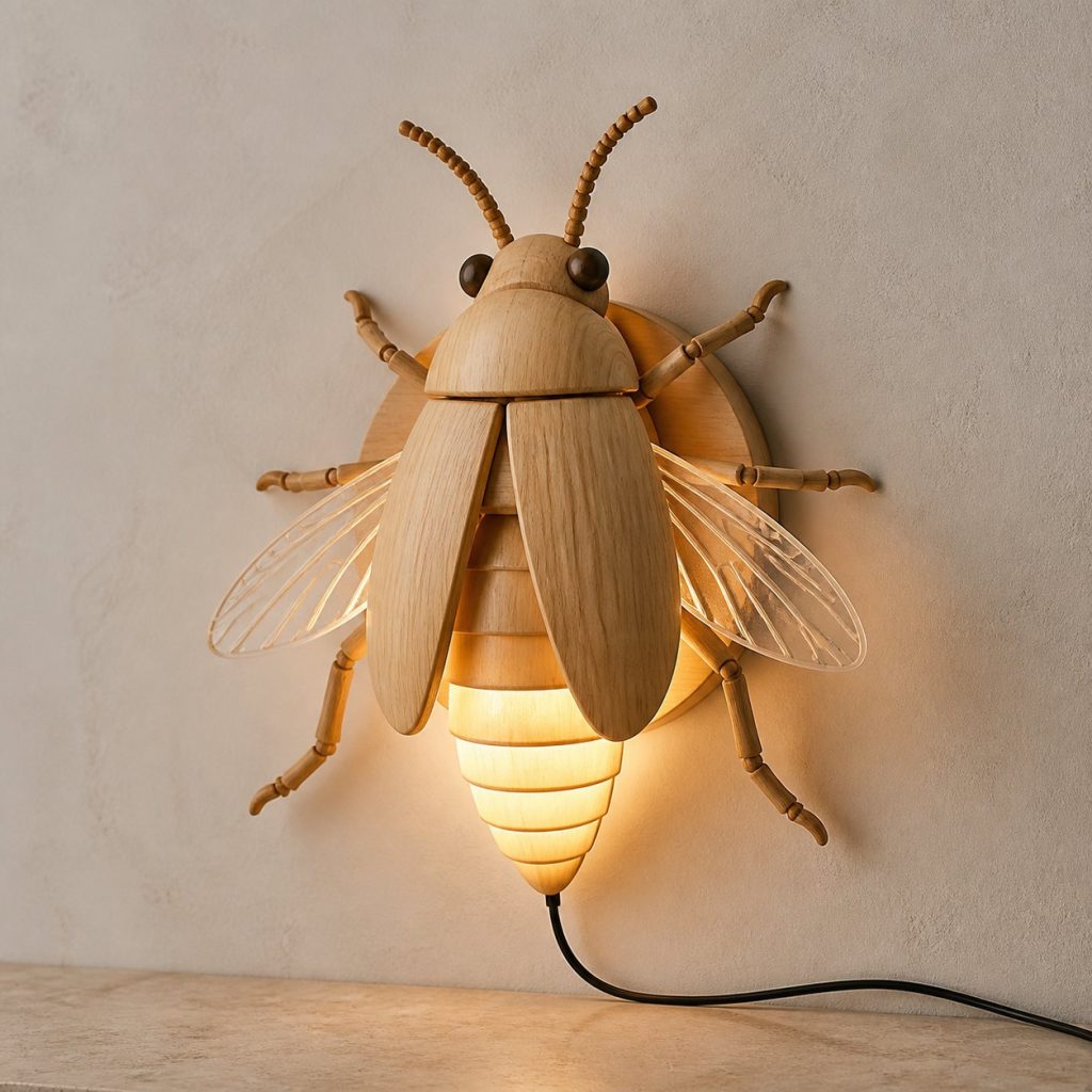 Layered Firefly Wall Lamp shown as an original square photorealistic firefly lamp made from natural light-yellow wood with fine grain and warm diffused light
