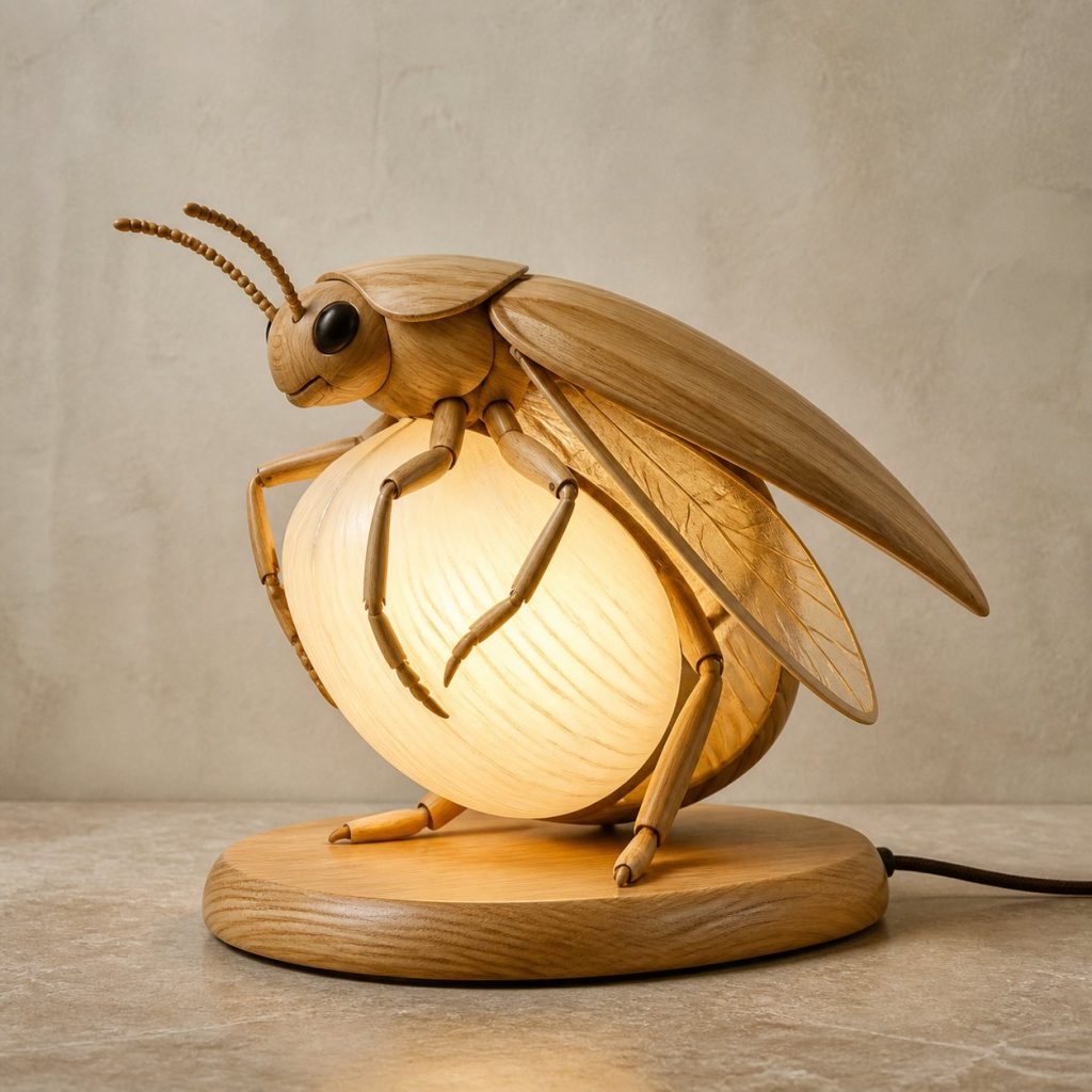 Firefly Orb Lamp shown as an original square photorealistic firefly lamp made from natural light-yellow wood with fine grain and warm diffused light